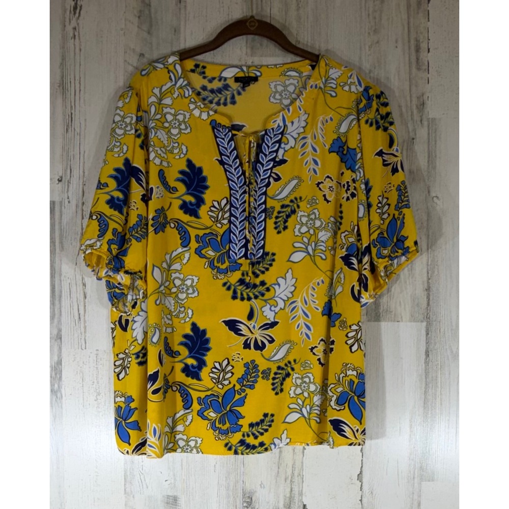 Talbots Blouse 2XP Yellow Blue Floral Split Neck Tie Viscose Boho Garden Party